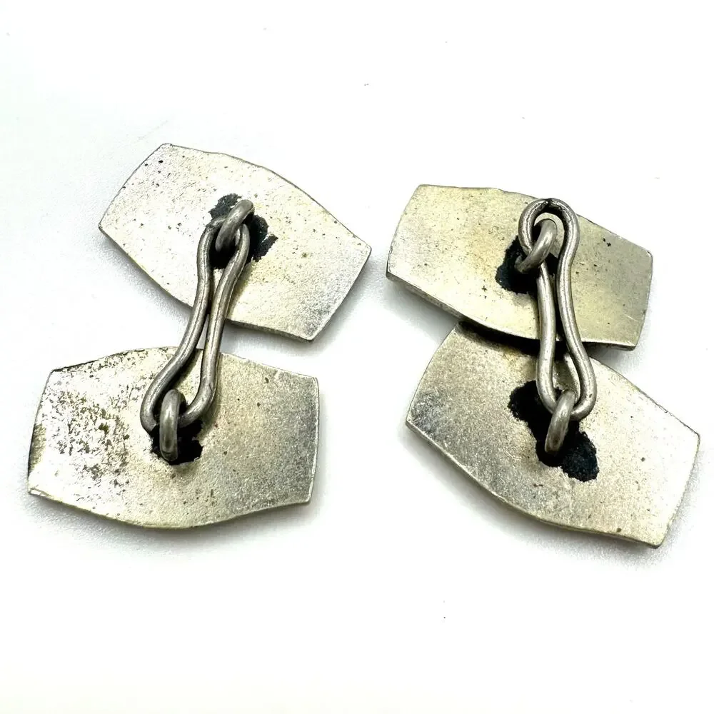 Antique 1920s Art Deco silver tone black enamel engraved cufflinks cuff links